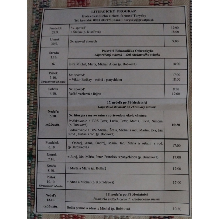 Menšia fotka pre článok Liturgický program od 29.9. do 12.10., farnosť Torysky