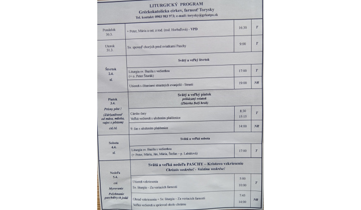Fotka pre článok Liturgický program od 30.03. do 05.04.2026, farnosť Torysky a N. Repaše