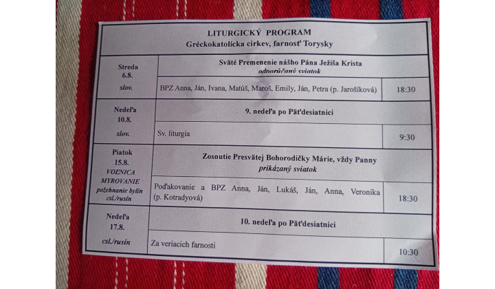 Fotka pre článok Liturgický program od 4.8. do 17. 8. farnosť Torysky