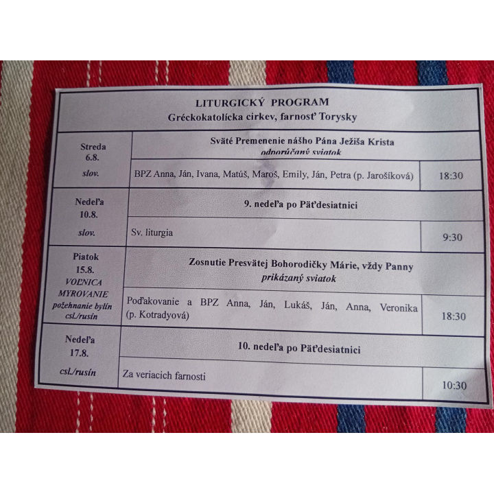 Menšia fotka pre článok Liturgický program od 4.8. do 17. 8. farnosť Torysky