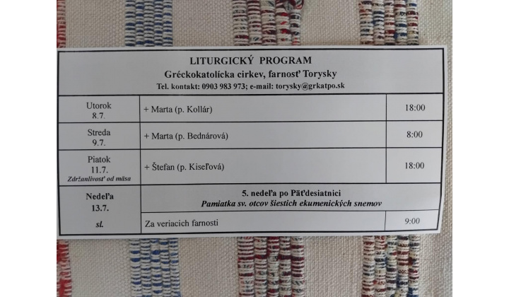 Fotka pre článok Liturgický program od 7.7. do 13.7., farnosť Torysky