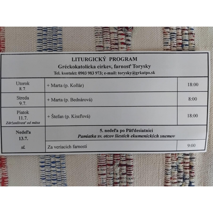 Menšia fotka pre článok Liturgický program od 7.7. do 13.7., farnosť Torysky