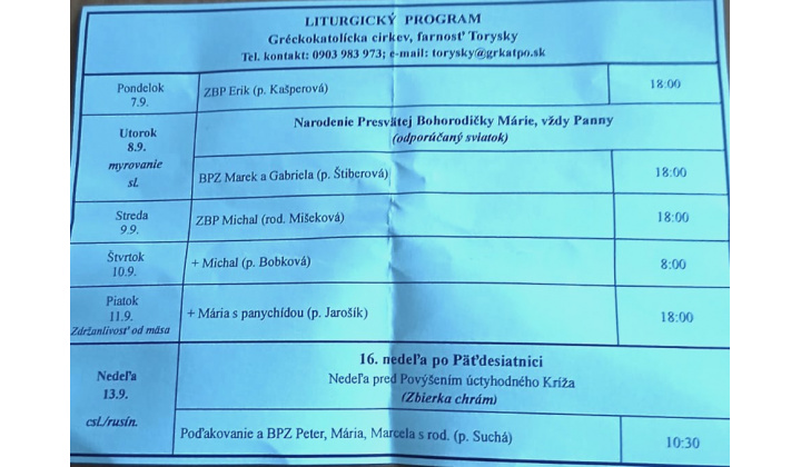 Fotka pre článok liturgický program od 7.9. do 13.9.2026, farnosť Torysky