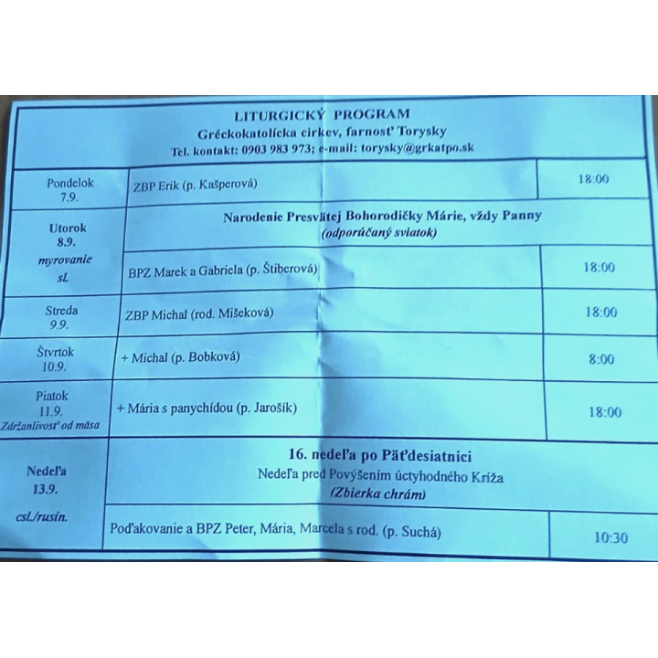 Menšia fotka pre článok liturgický program od 7.9. do 13.9.2026, farnosť Torysky