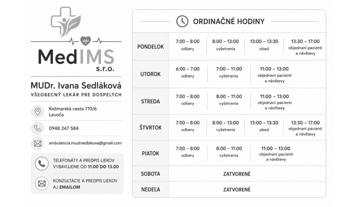Fotka pre článok Ordinačné hodiny MUDr. Ivana Sedláková, všeobecný lekár pre dospelých