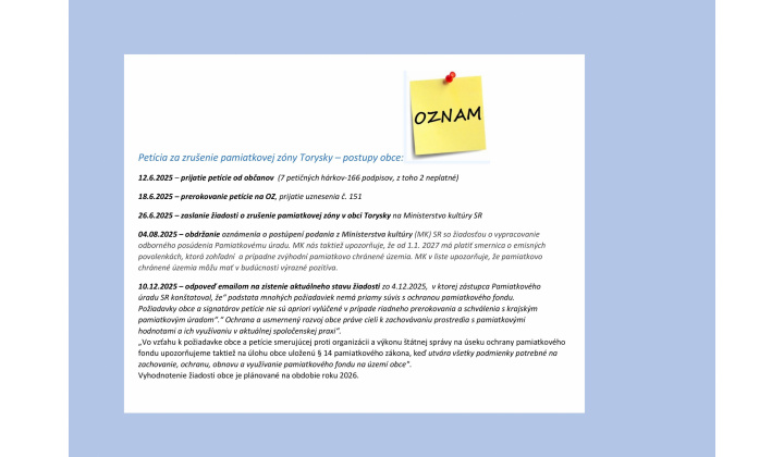 Fotka pre článok stav žiadosti o zrušenie pamiatkovej zóny v obci Torysky