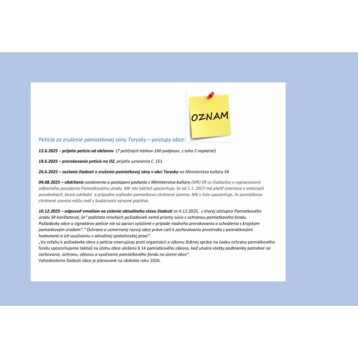 Menšia fotka pre článok stav žiadosti o zrušenie pamiatkovej zóny v obci Torysky