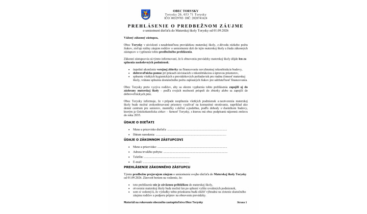 Fotka pre článok Tlačivá pre dobrovoľníkov a záujemcov o umiestnenie detí do MŠ Torysky