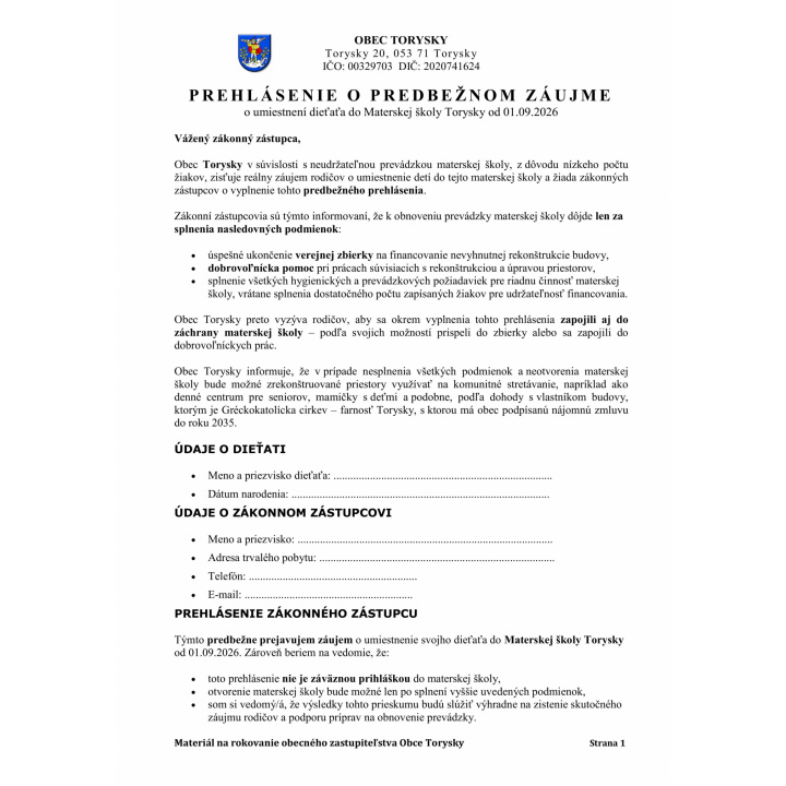 Menšia fotka pre článok Tlačivá pre dobrovoľníkov a záujemcov o umiestnenie detí do MŠ Torysky