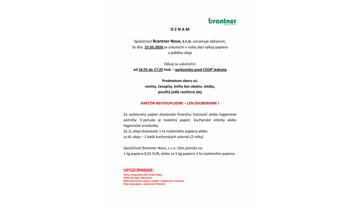 Fotka pre článok Výkup papiera a jedlých olejov dňa 25.03.2026