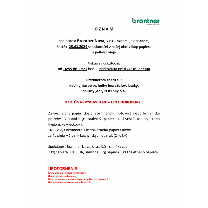 Menšia fotka pre článok Výkup papiera a jedlých olejov dňa 25.03.2026